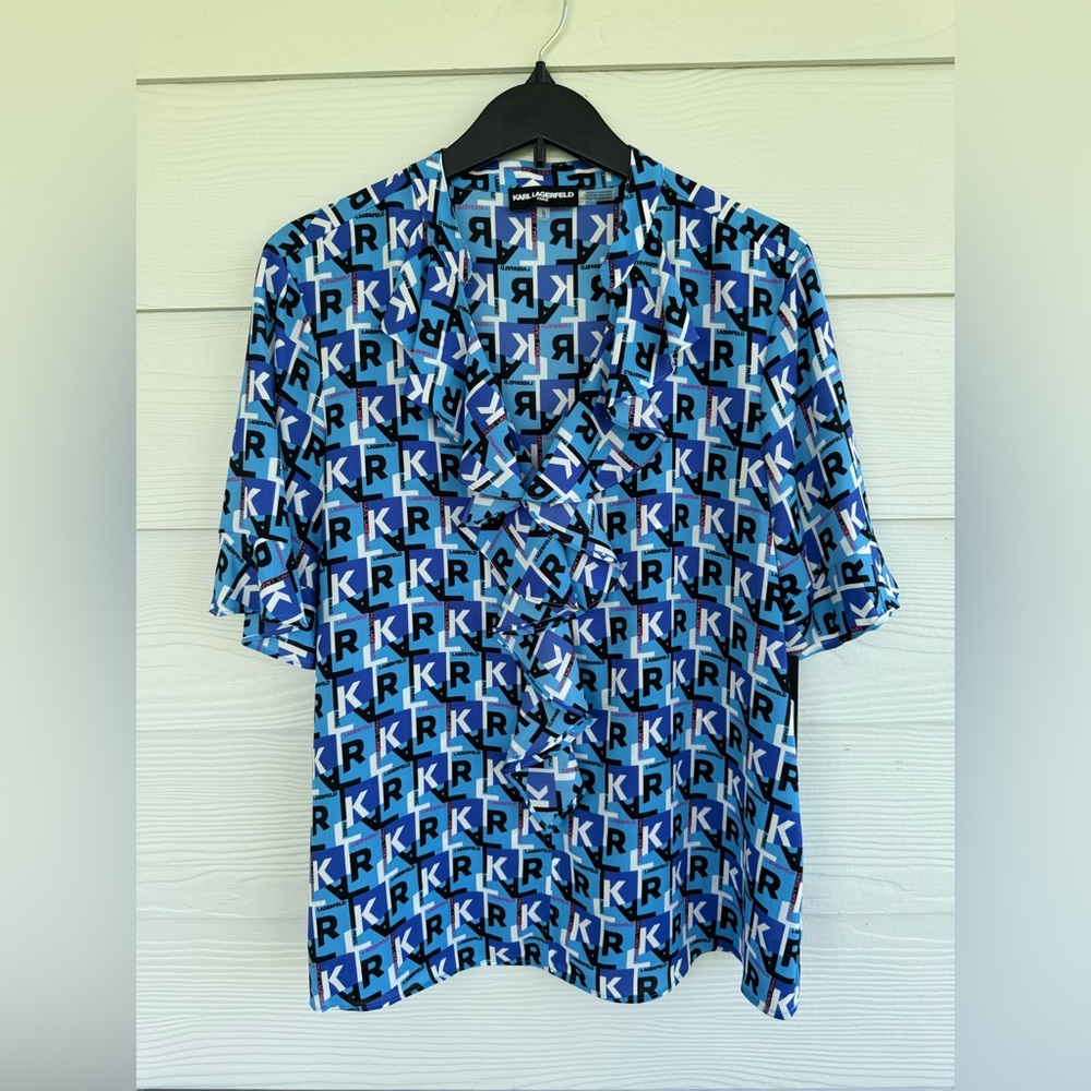 Karl Lagerfeld Women's Blue Ruffle Logo Short Sleeve Vneck Blouse Size L NWT